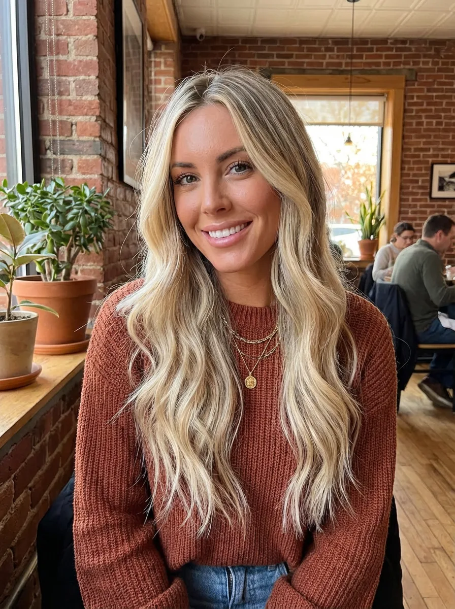 Sandy Blonde Loose Waves with Platinum Highlights